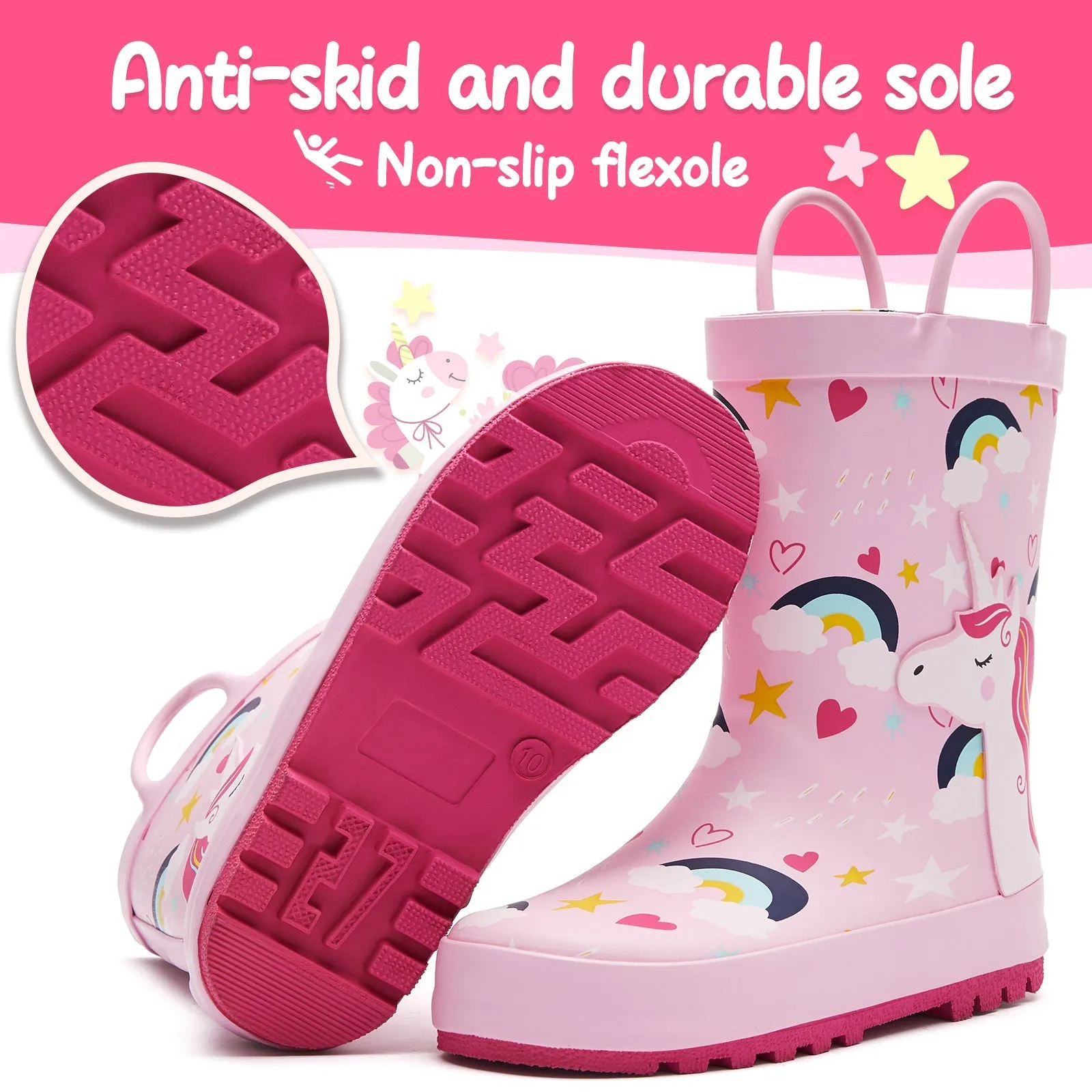 Pink Unicorn Rainbow Print Rubber Rain Boots