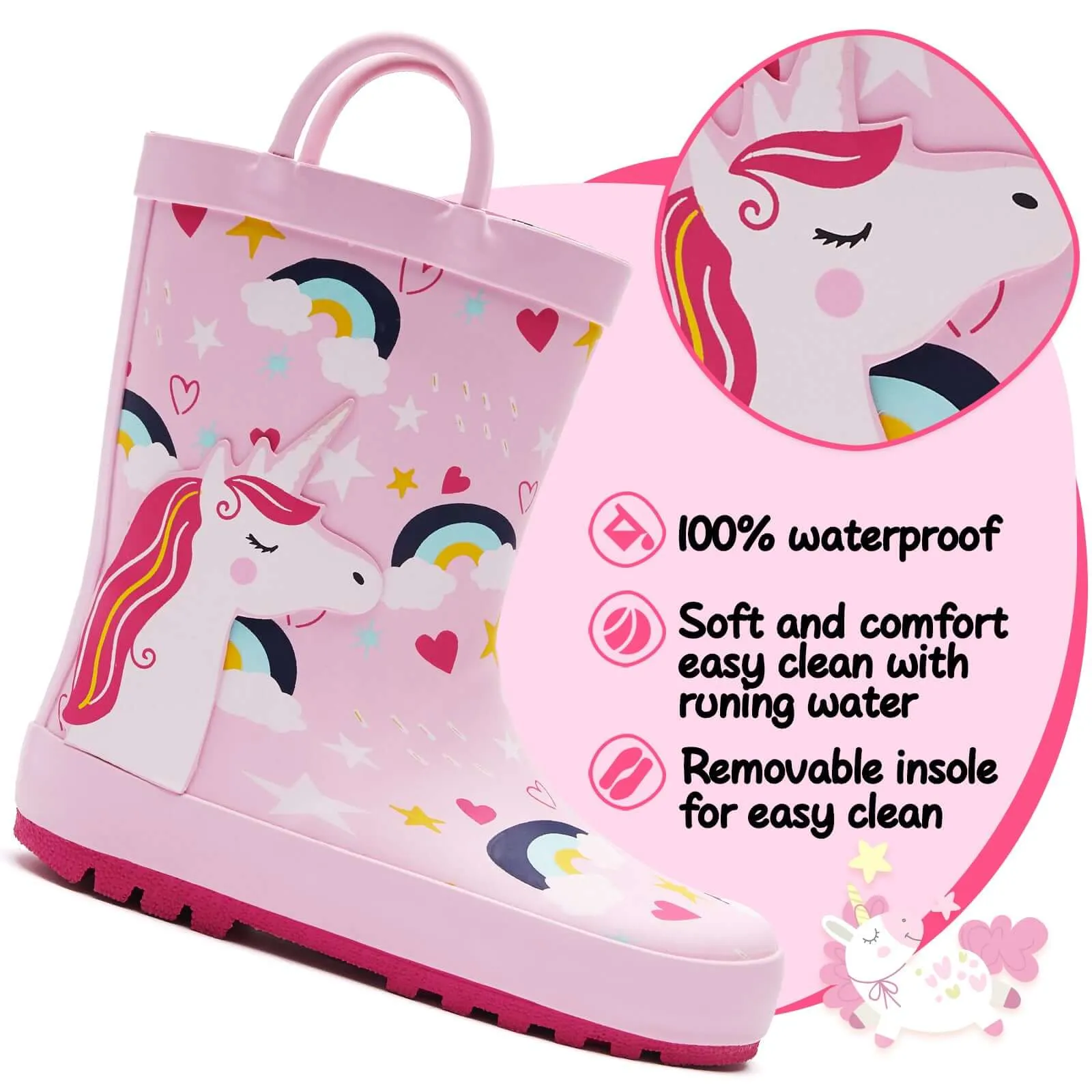 Pink Unicorn Rainbow Print Rubber Rain Boots