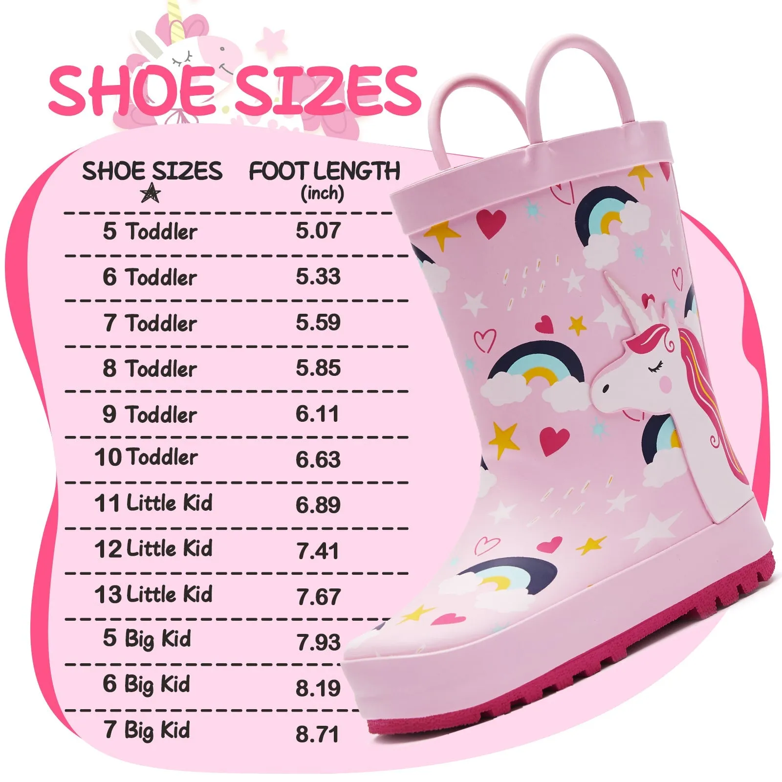 Pink Unicorn Rainbow Print Rubber Rain Boots