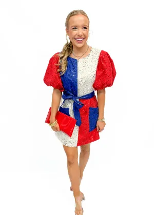 Queen of Sparkles Red, White, & Blue Colorblock Star Dress