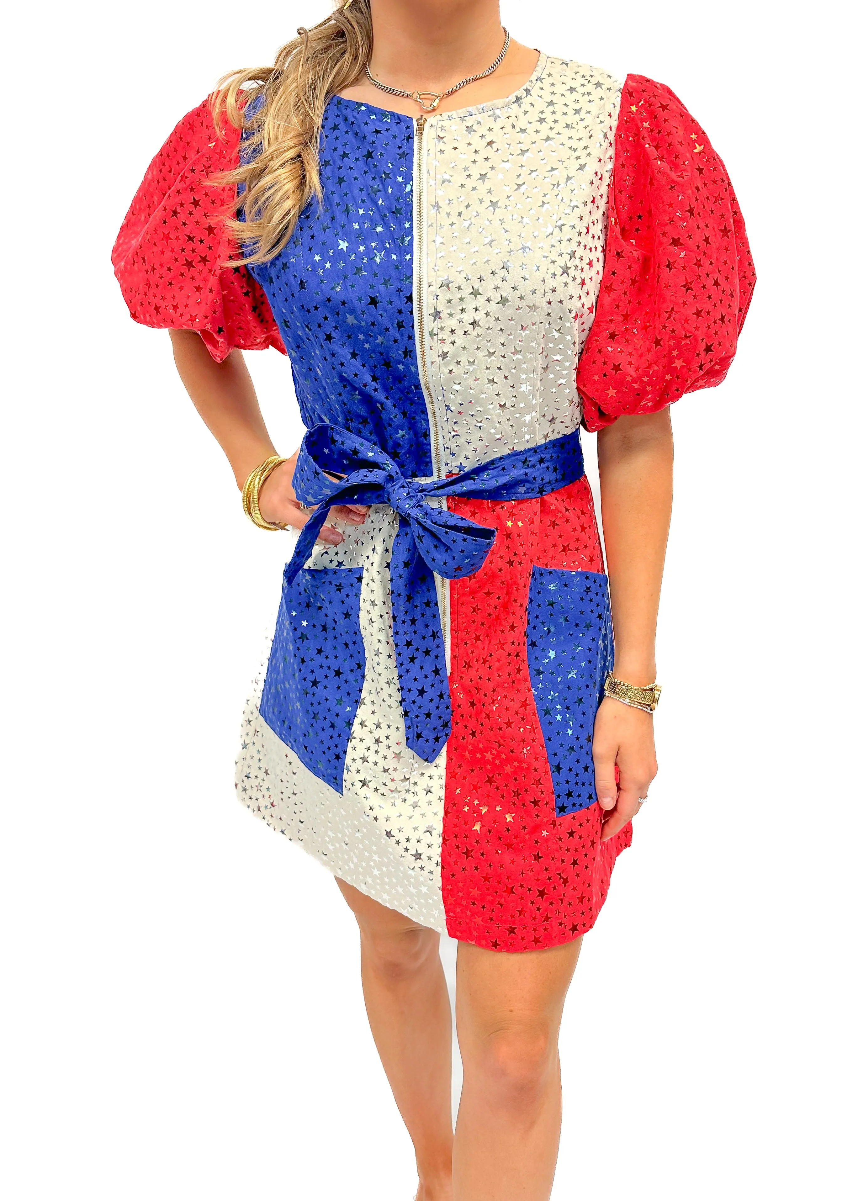 Queen of Sparkles Red, White, & Blue Colorblock Star Dress