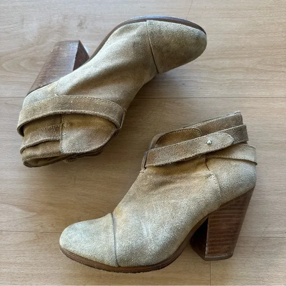 Rag &amp; Bone Camel Suede Harrow Bootie Leather Ankle Wrap Strap Boots