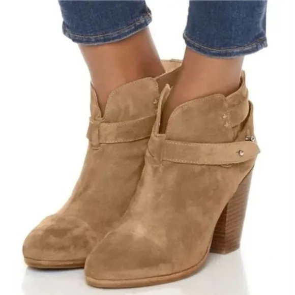 Rag &amp; Bone Camel Suede Harrow Bootie Leather Ankle Wrap Strap Boots