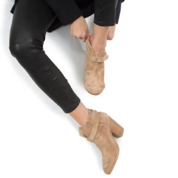 Rag &amp; Bone Camel Suede Harrow Bootie Leather Ankle Wrap Strap Boots