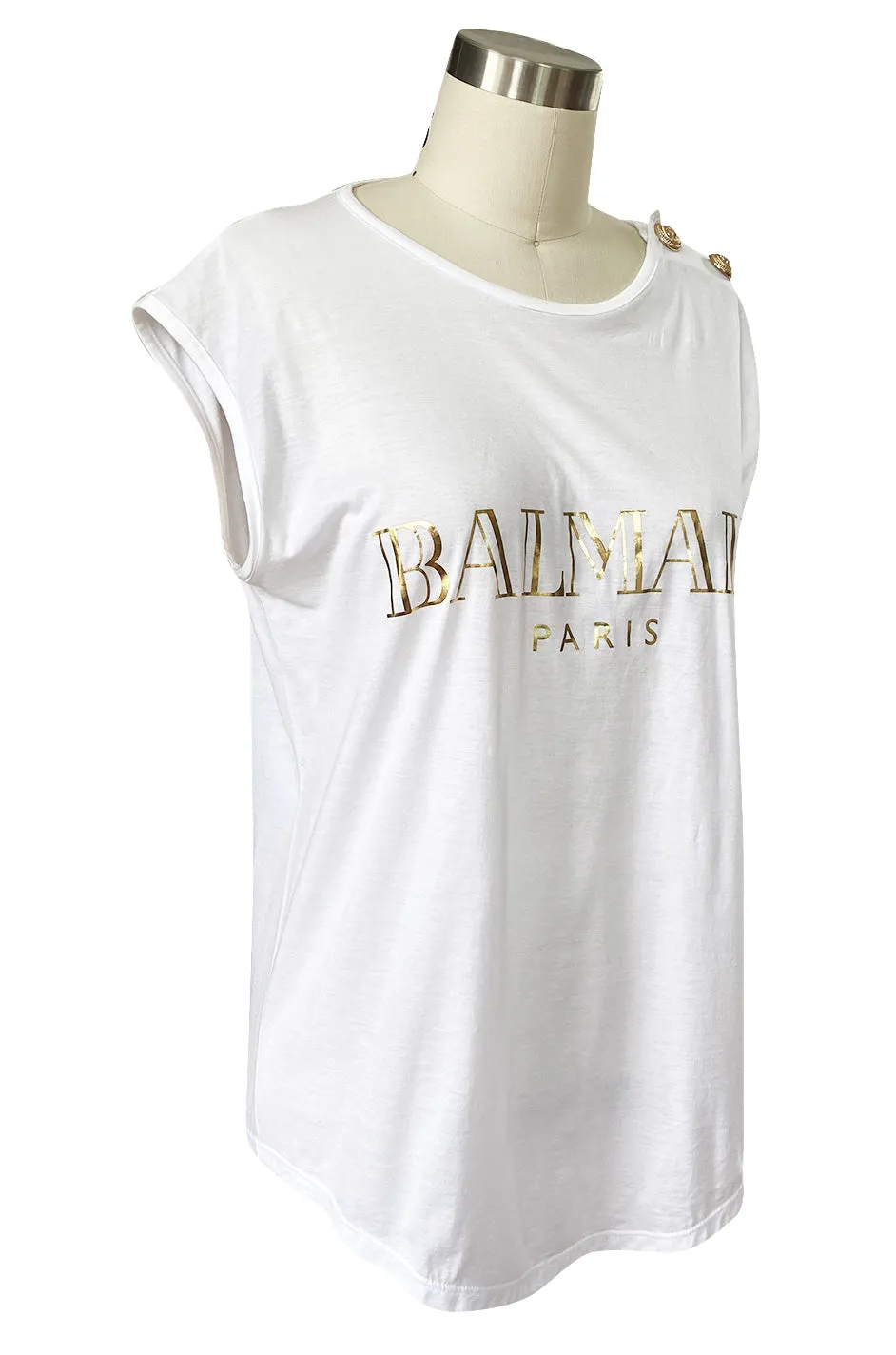 Recent Balmain Gold Logo Tee White T-Shirt with Gold Button Detailing