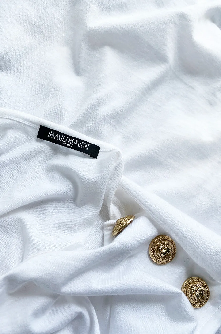 Recent Balmain Gold Logo Tee White T-Shirt with Gold Button Detailing
