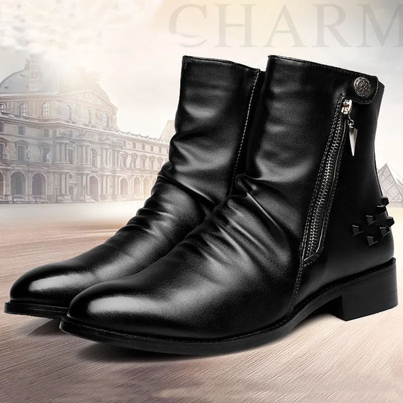 Rivet Men's Shoes Warm Pointed Toe Leather Men's High-top Boots