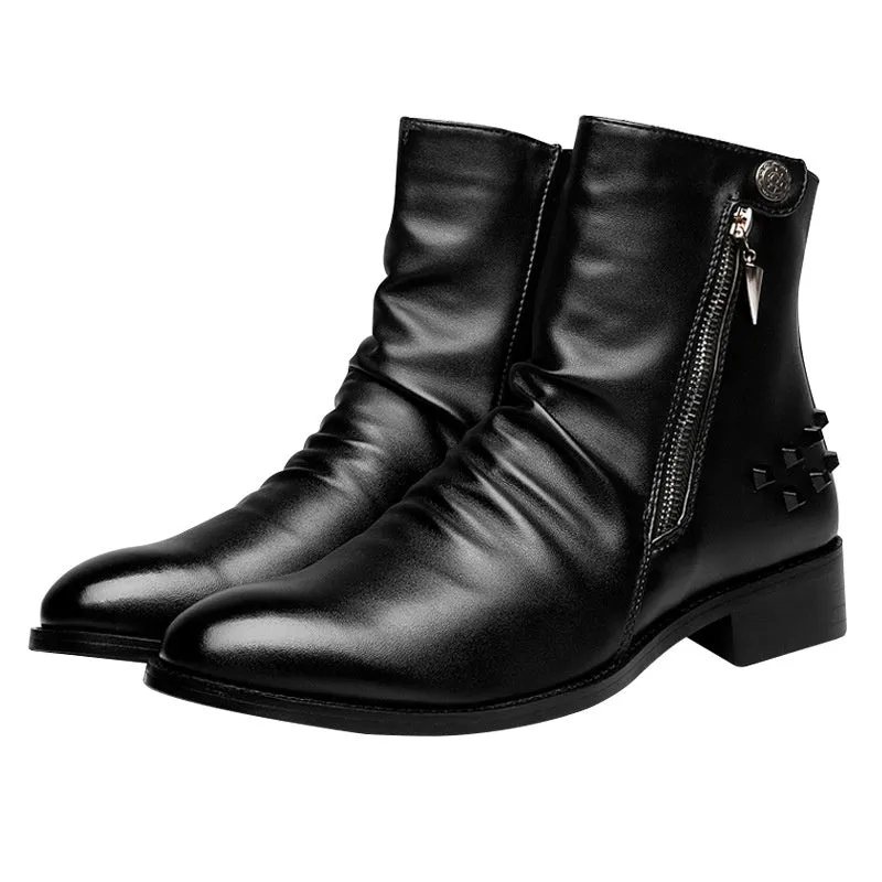 Rivet Men's Shoes Warm Pointed Toe Leather Men's High-top Boots