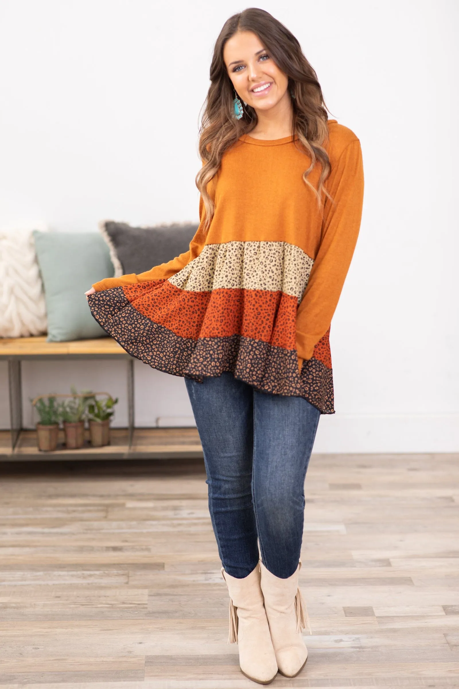 Rust Babydoll Top With Colorblock Animal Print