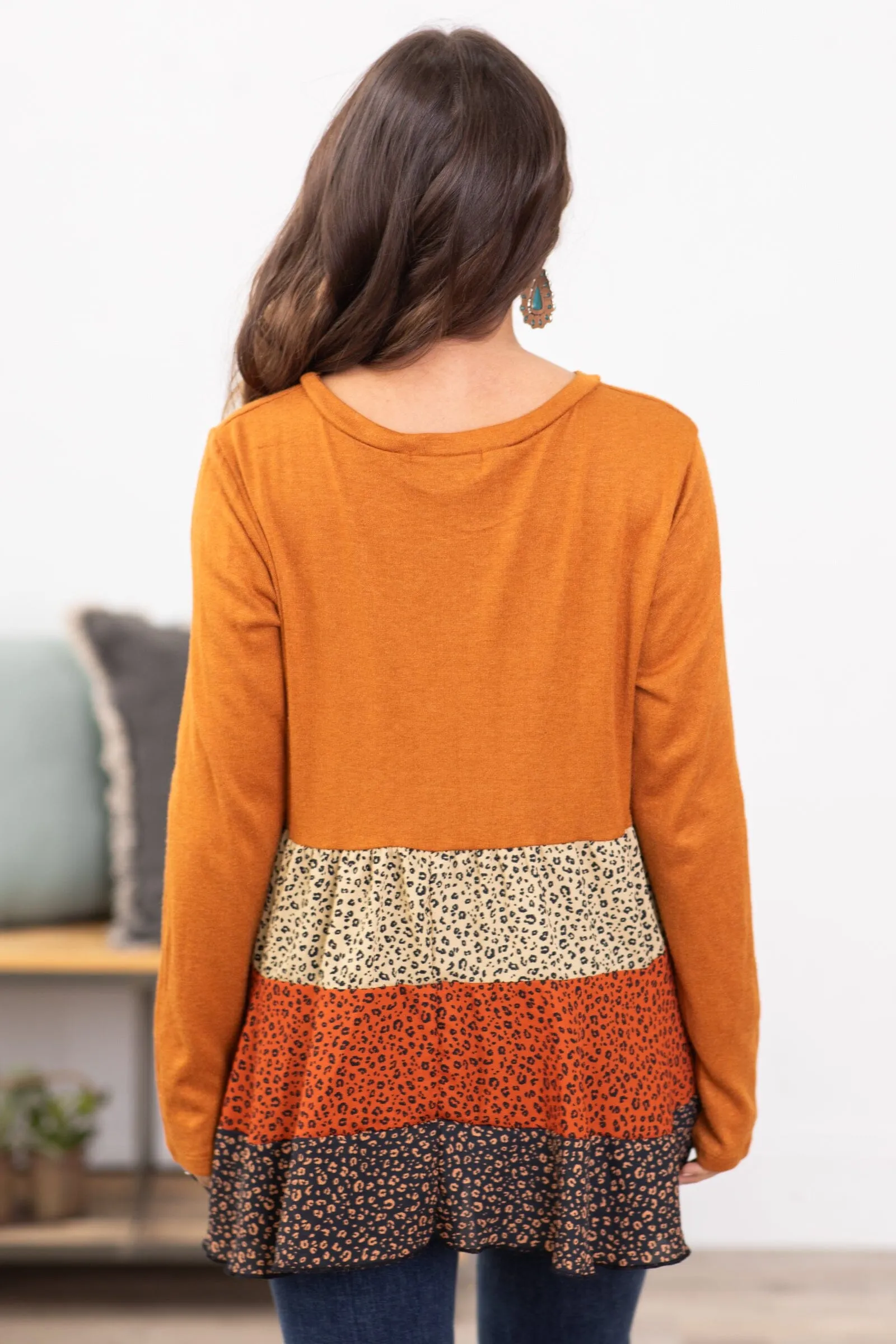 Rust Babydoll Top With Colorblock Animal Print