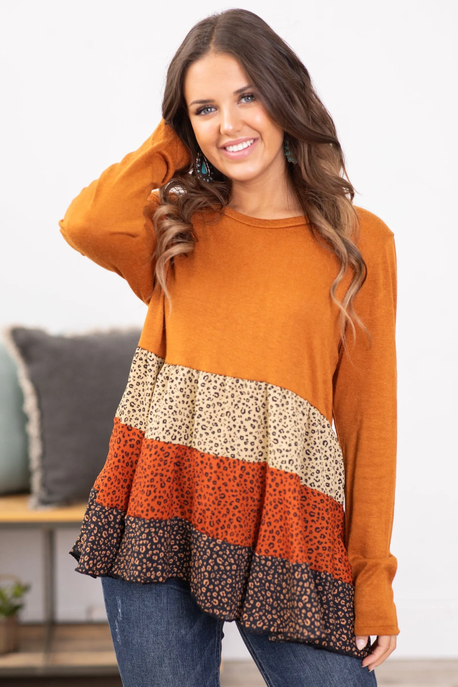 Rust Babydoll Top With Colorblock Animal Print