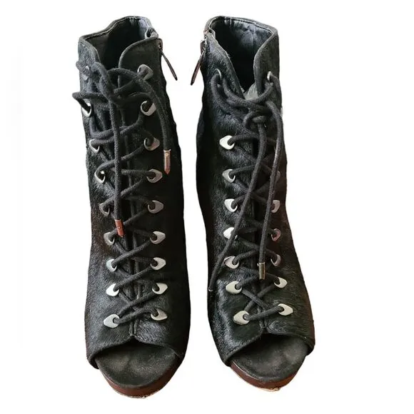 Sam Edelman Karmen black Italian sheep shearling fur leather ankle peep toe Sz 8