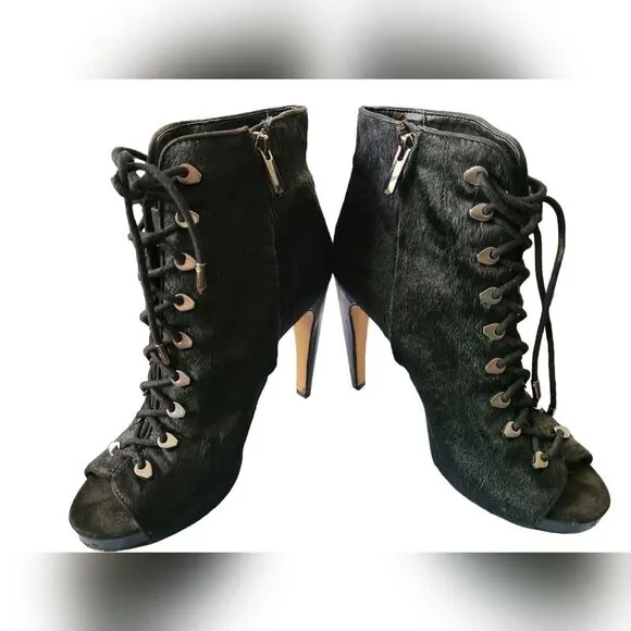 Sam Edelman Karmen black Italian sheep shearling fur leather ankle peep toe Sz 8