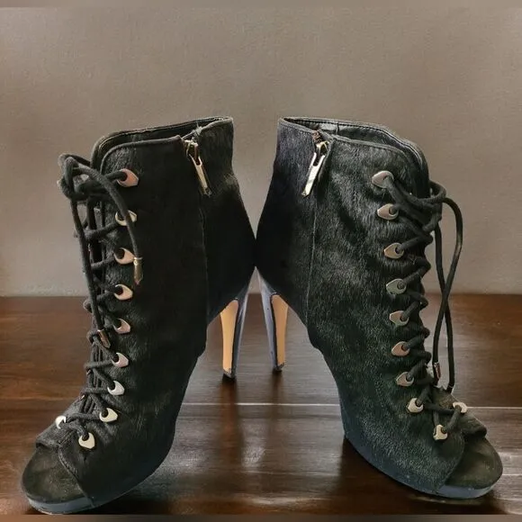 Sam Edelman Karmen black Italian sheep shearling fur leather ankle peep toe Sz 8