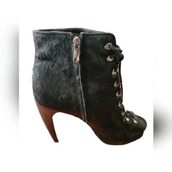 Sam Edelman Karmen black Italian sheep shearling fur leather ankle peep toe Sz 8