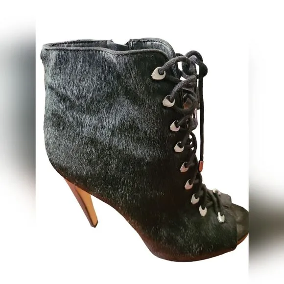 Sam Edelman Karmen black Italian sheep shearling fur leather ankle peep toe Sz 8