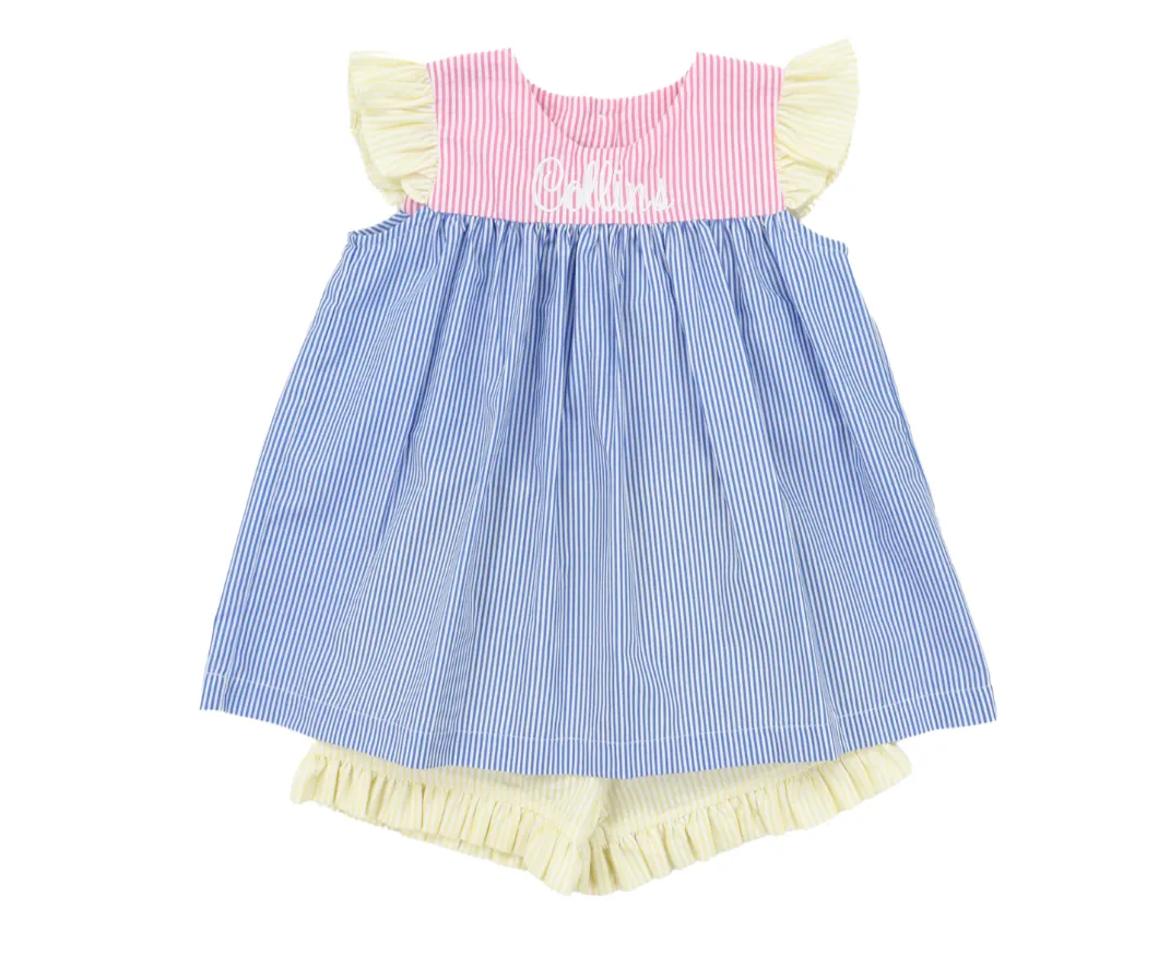 Seersucker Colorblock Girls Short Set