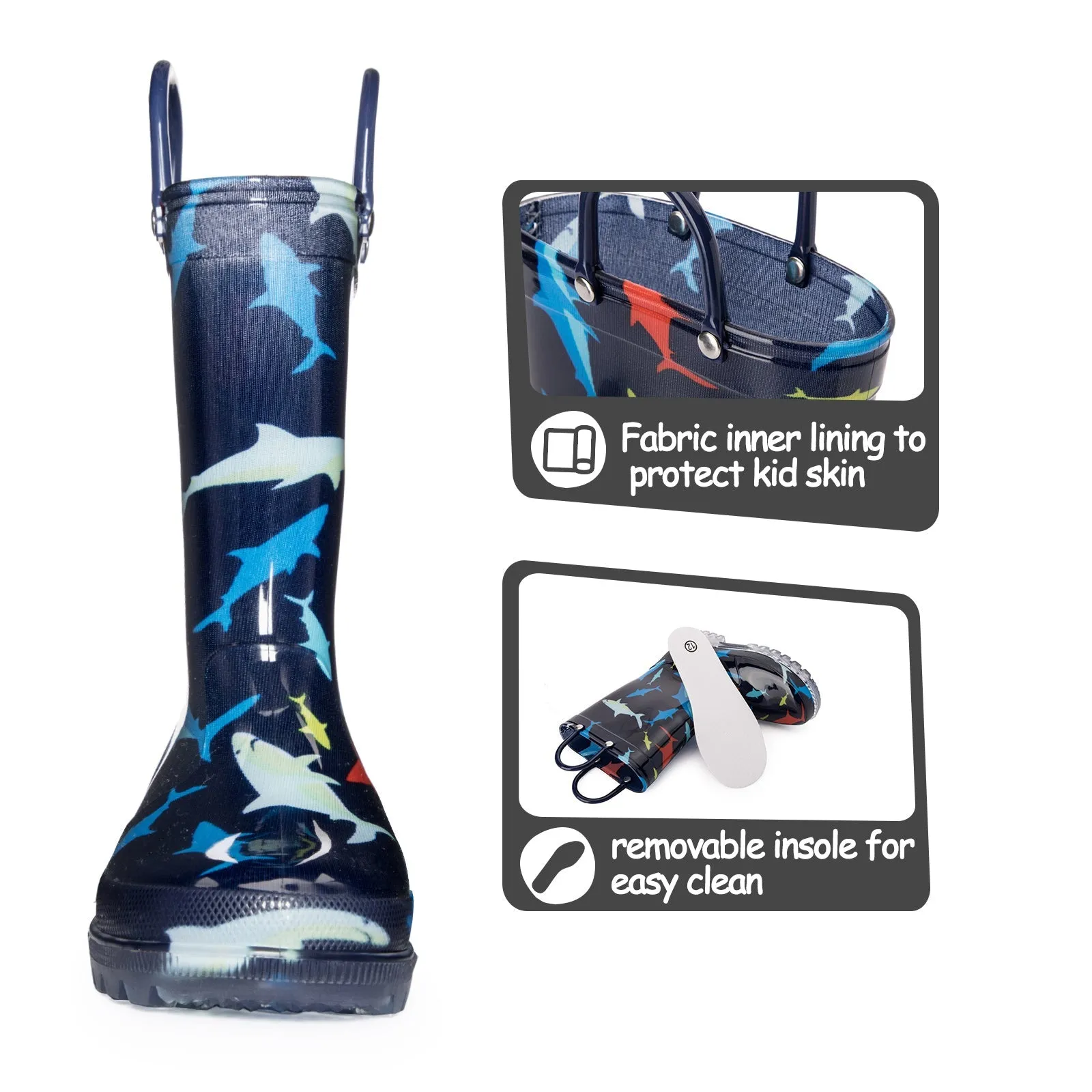 Shark Print Kids Rain Boots