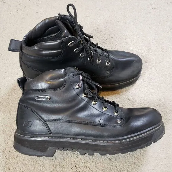 Skechers Y2K Pilot Utility Black Leather Chunky Boots Men 12 Extra Wide 4473EW