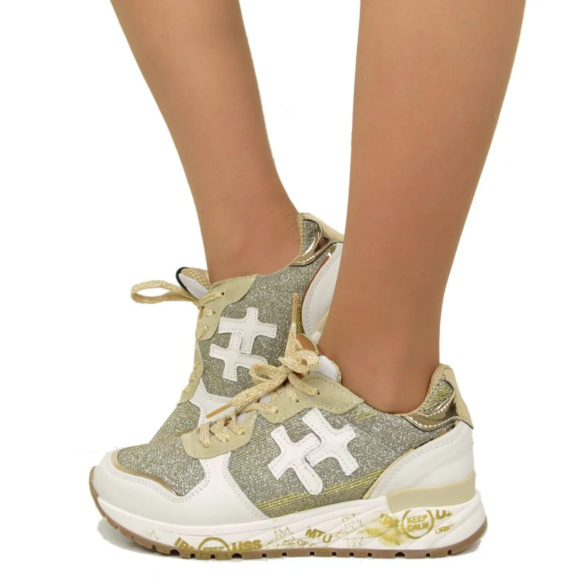 Sneakers Donna in Pelle Bianca con Glitter Platino Made in Italy