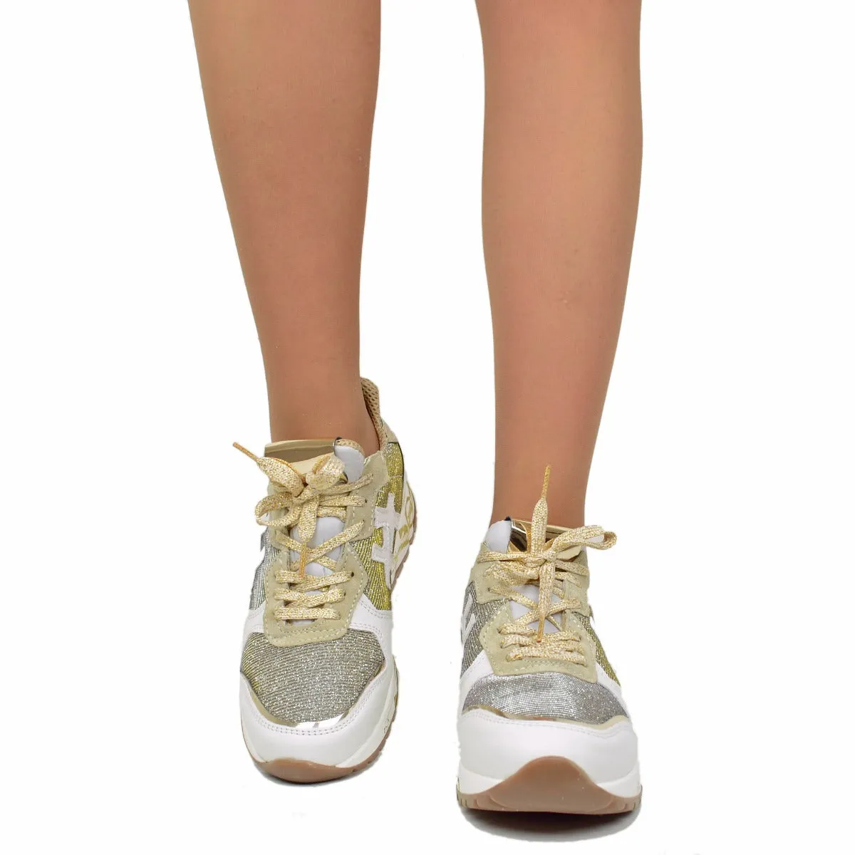 Sneakers Donna in Pelle Bianca con Glitter Platino Made in Italy
