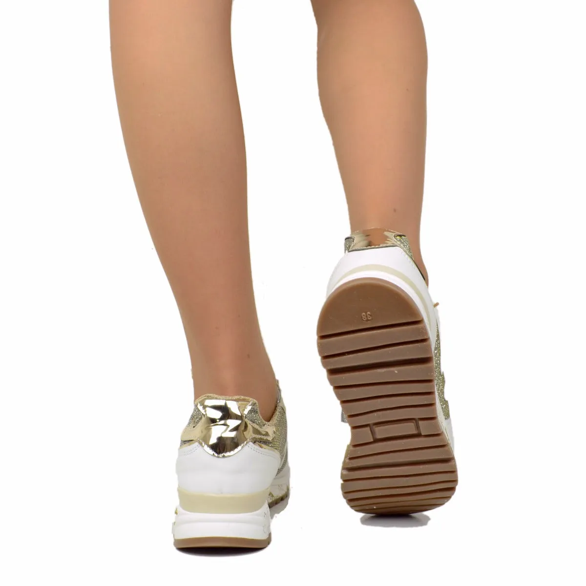 Sneakers Donna in Pelle Bianca con Glitter Platino Made in Italy