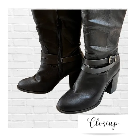 Steve Madden Edrea Black Knee High Boots Harness Buckle Side Zip Size 10