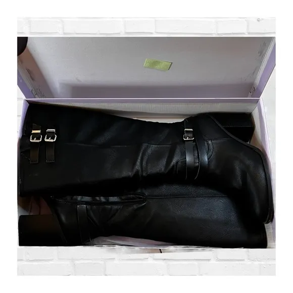Steve Madden Edrea Black Knee High Boots Harness Buckle Side Zip Size 10