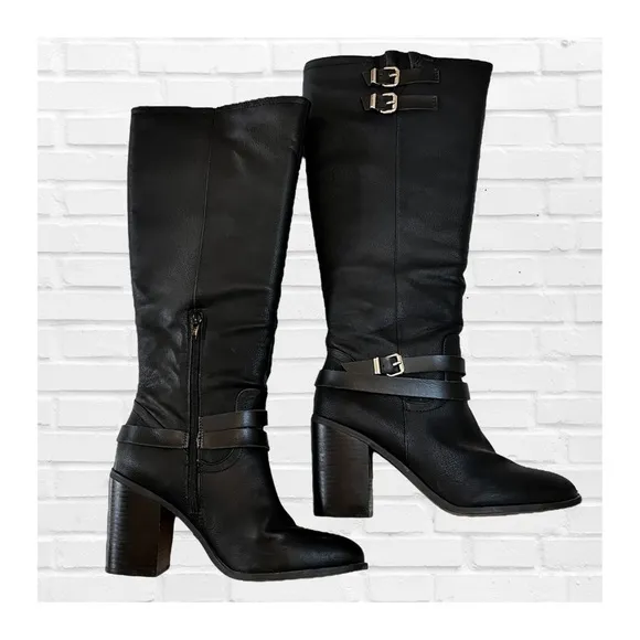 Steve Madden Edrea Black Knee High Boots Harness Buckle Side Zip Size 10