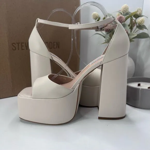 Steve Madden Kassiani Leather Platform Ankle Strap Pump Bone Women 10 NWB Tried