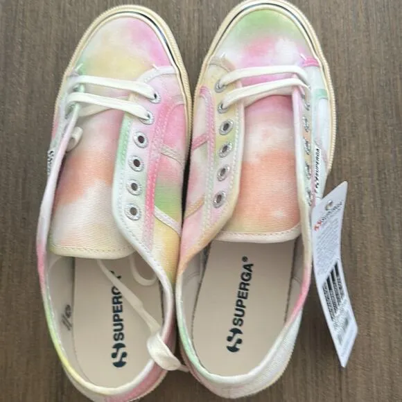 Superga Women’s  Canvas White Pink &amp; Green Tie-Dye Lace-Up Sneaker size 8.5 New