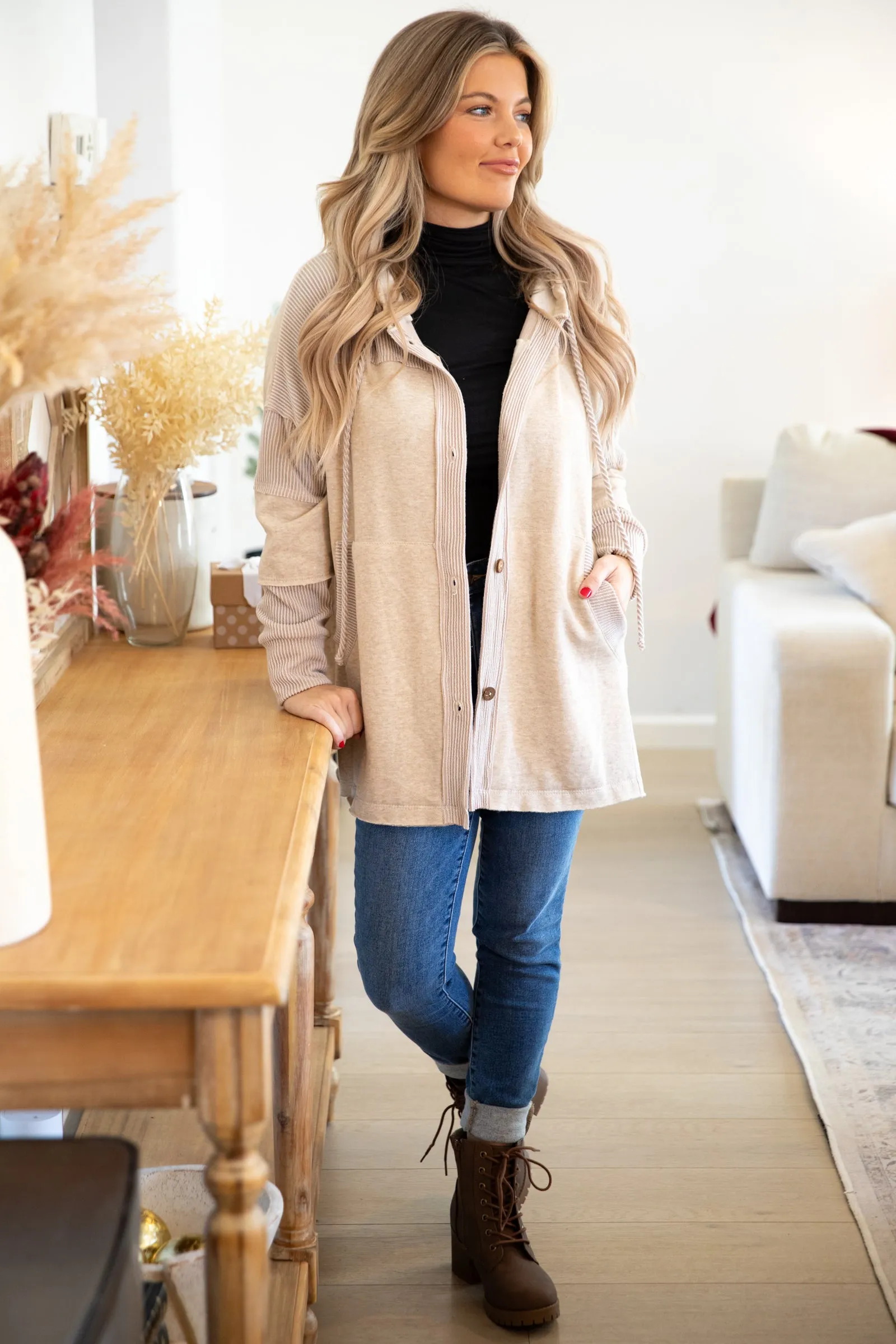 Tan Ribbed Button Front Top With Hood
