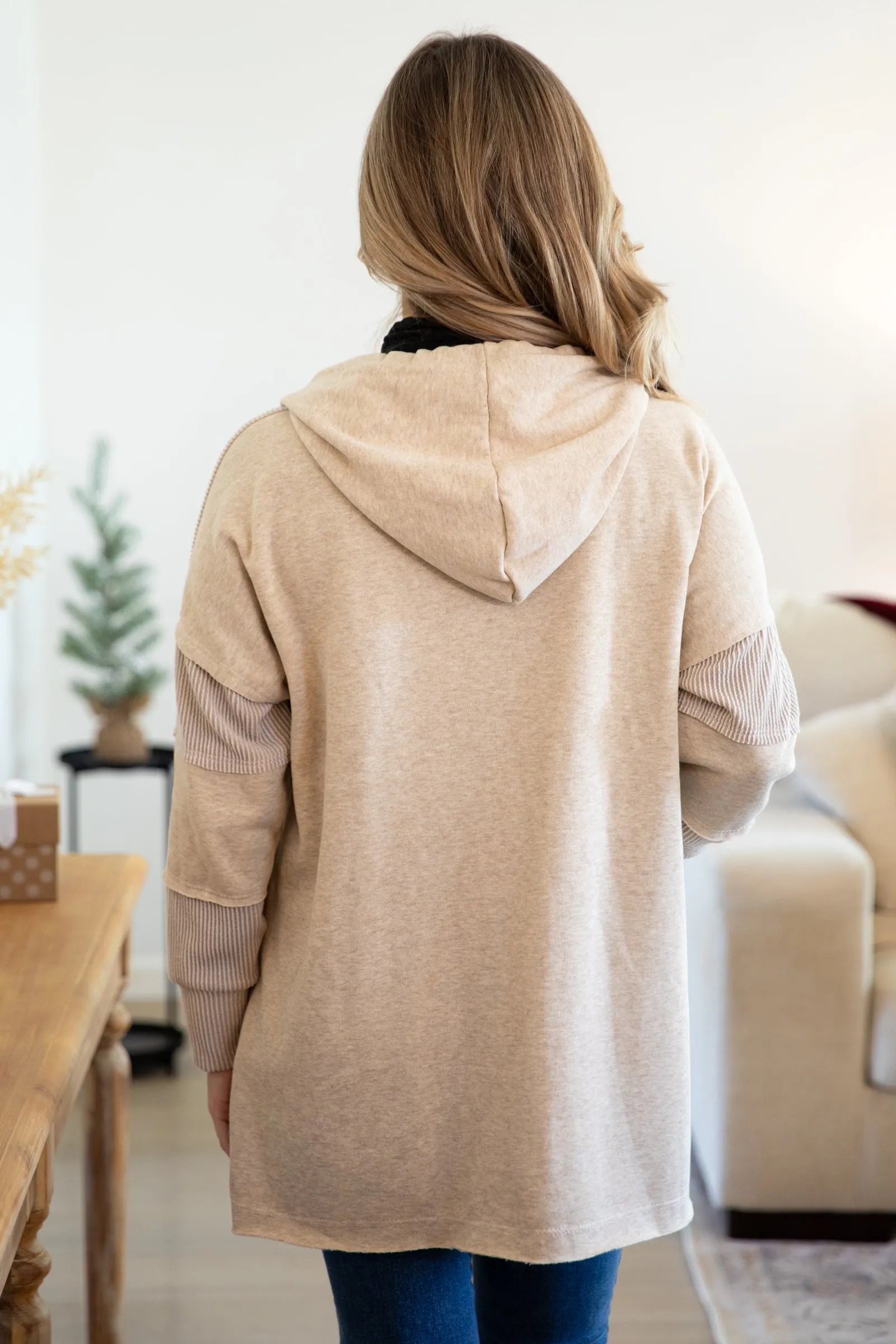 Tan Ribbed Button Front Top With Hood