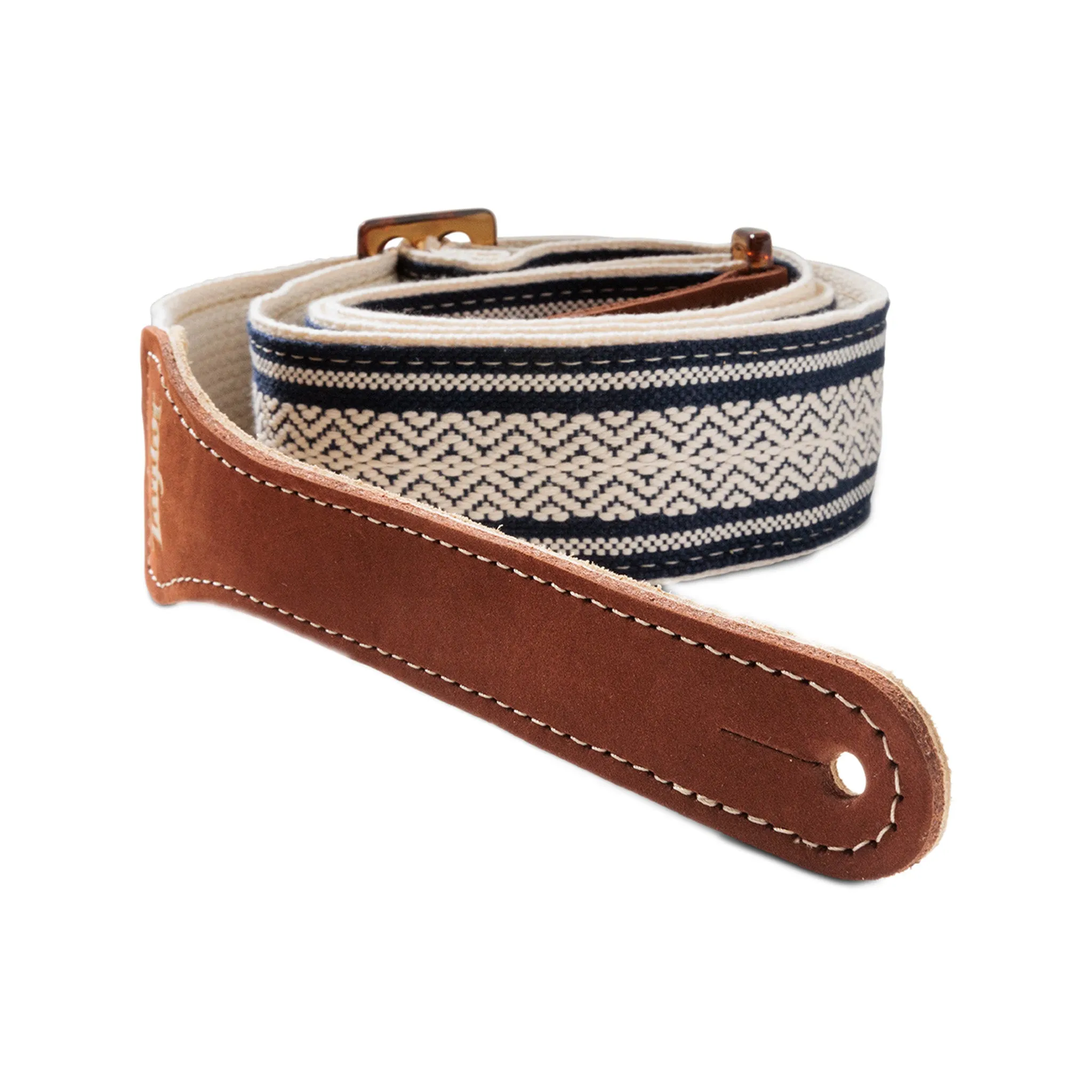 Taylor 2Inch Academy Jacquard Leather Guitar Strap w/Amber Buckle, White/Blue