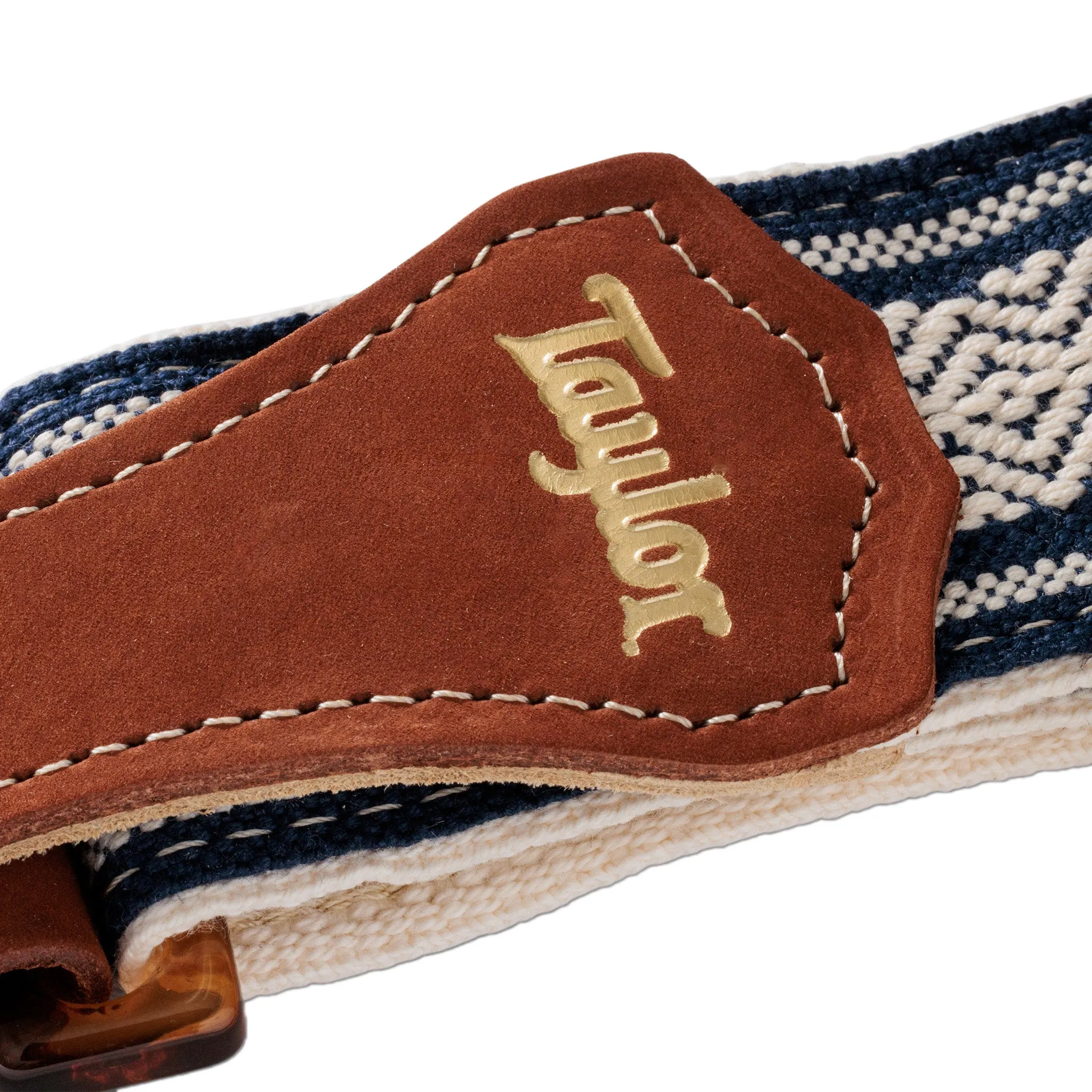 Taylor 2Inch Academy Jacquard Leather Guitar Strap w/Amber Buckle, White/Blue