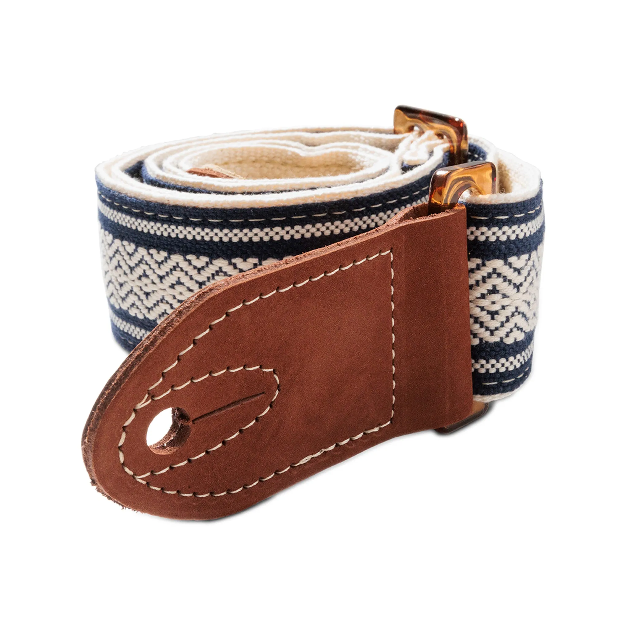 Taylor 2Inch Academy Jacquard Leather Guitar Strap w/Amber Buckle, White/Blue
