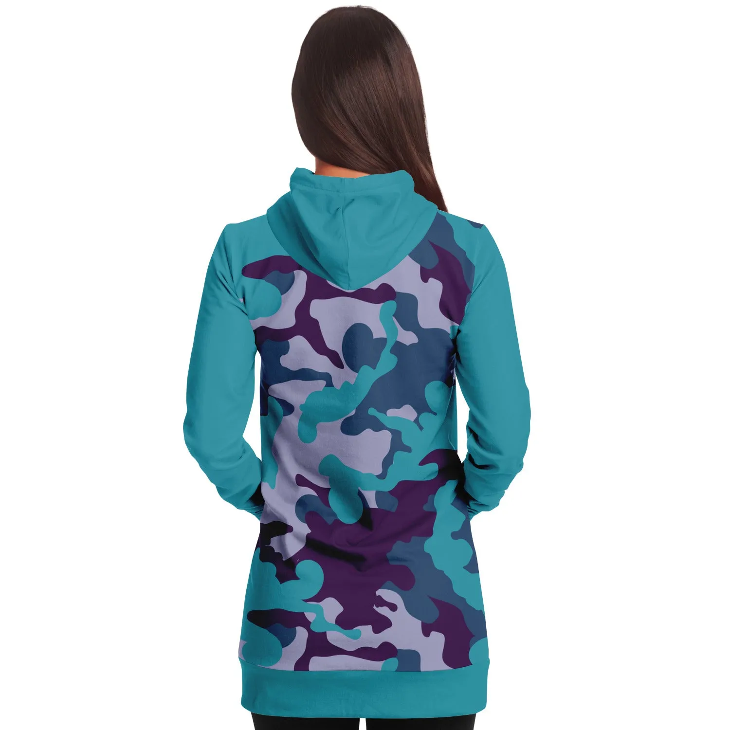 Teal and Purple Camouflage Longline Hoodie Dress With Teal Contrast Sleeves, Pocket and Hood