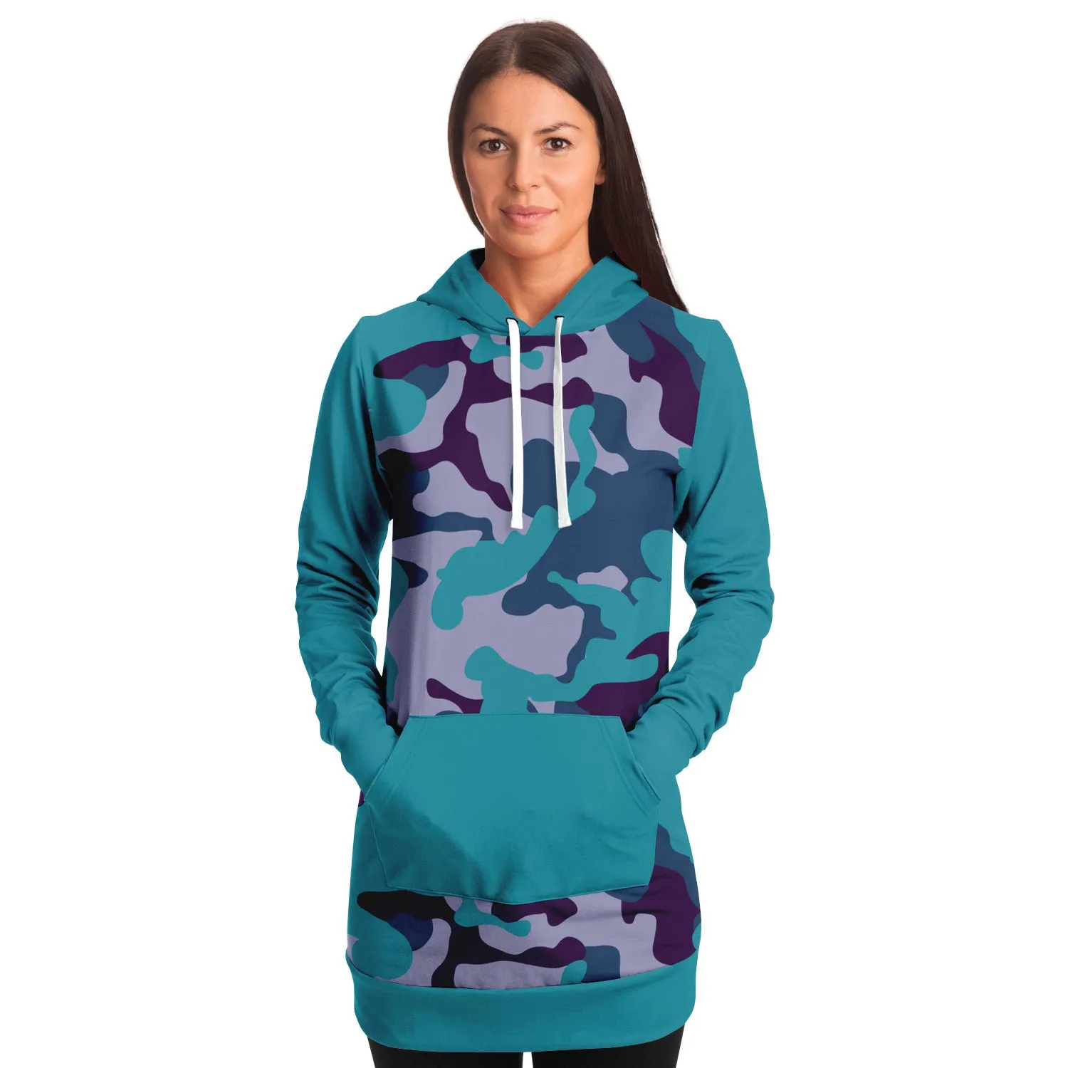 Teal and Purple Camouflage Longline Hoodie Dress With Teal Contrast Sleeves, Pocket and Hood