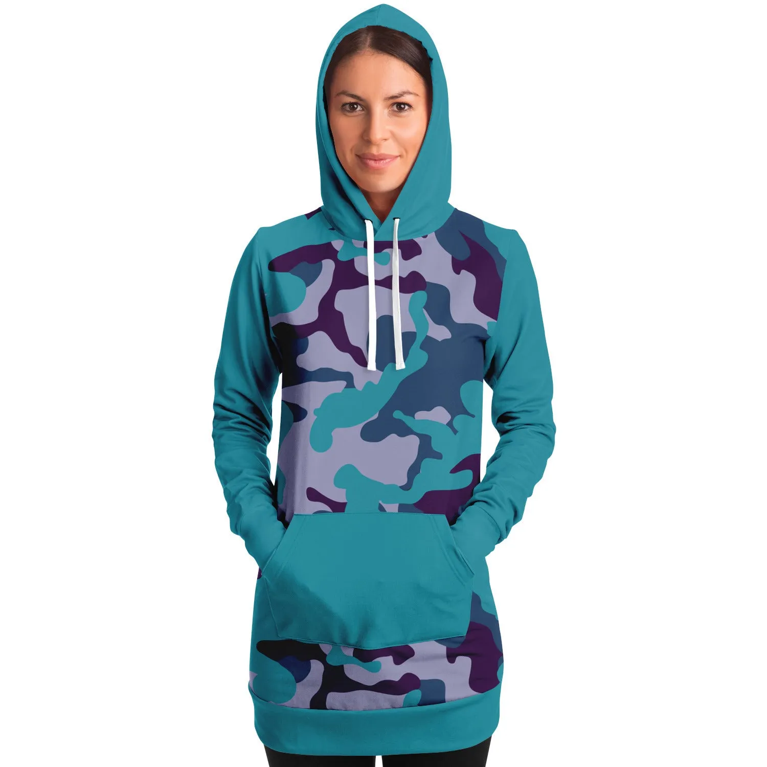 Teal and Purple Camouflage Longline Hoodie Dress With Teal Contrast Sleeves, Pocket and Hood