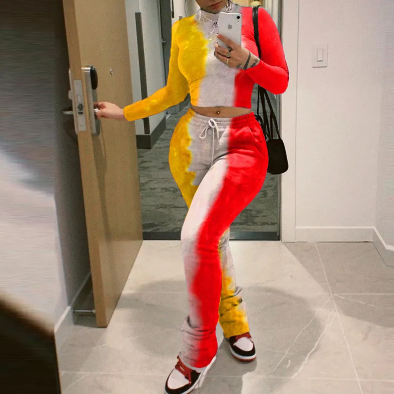 Tie Dye Colorblock Print Long Sleeve Top & Drawstring Pleats Pants Set
