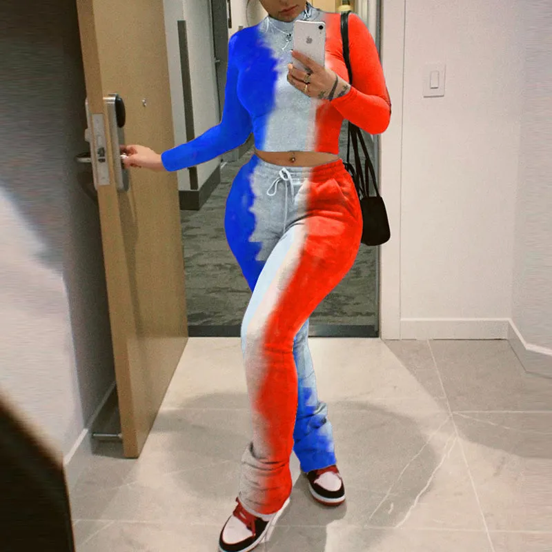 Tie Dye Colorblock Print Long Sleeve Top & Drawstring Pleats Pants Set