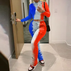 Tie Dye Colorblock Print Long Sleeve Top & Drawstring Pleats Pants Set