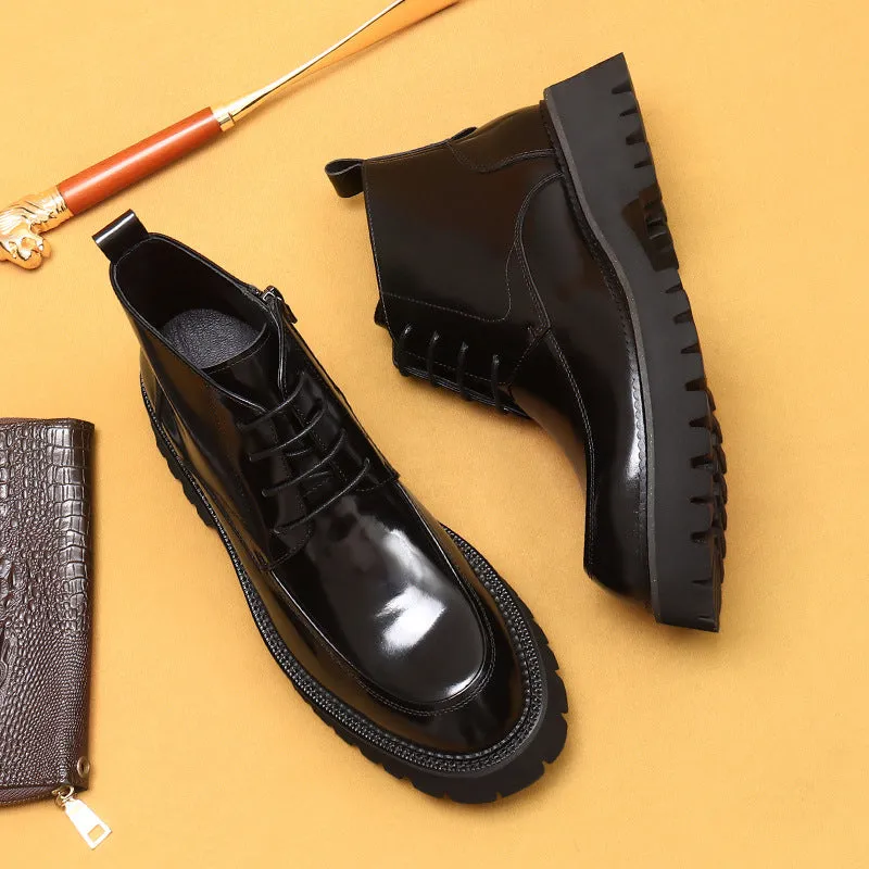 Top Layer Cowhide Men's Leather Shoes Winter Martin Boots Men's Leather Zipper Patent Leather Glossy British Ankle Boots Pointed Toe Platform Men's Boots23680