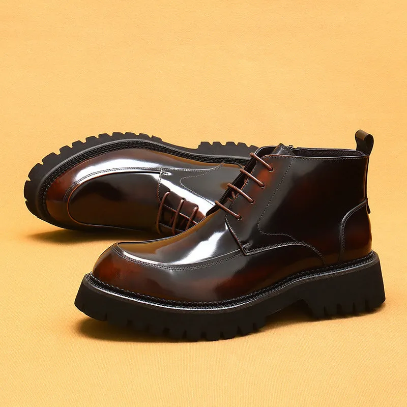 Top Layer Cowhide Men's Leather Shoes Winter Martin Boots Men's Leather Zipper Patent Leather Glossy British Ankle Boots Pointed Toe Platform Men's Boots23680
