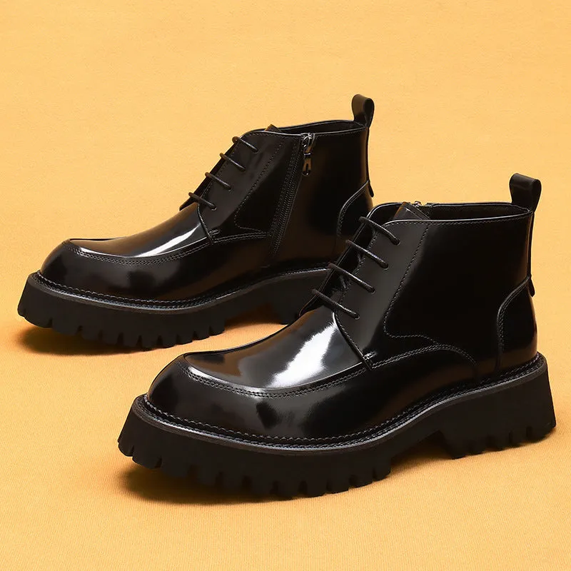 Top Layer Cowhide Men's Leather Shoes Winter Martin Boots Men's Leather Zipper Patent Leather Glossy British Ankle Boots Pointed Toe Platform Men's Boots23680