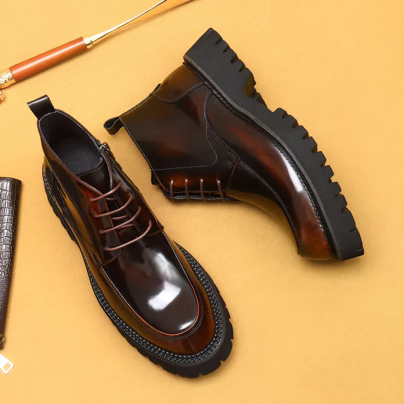 Top Layer Cowhide Men's Leather Shoes Winter Martin Boots Men's Leather Zipper Patent Leather Glossy British Ankle Boots Pointed Toe Platform Men's Boots23680