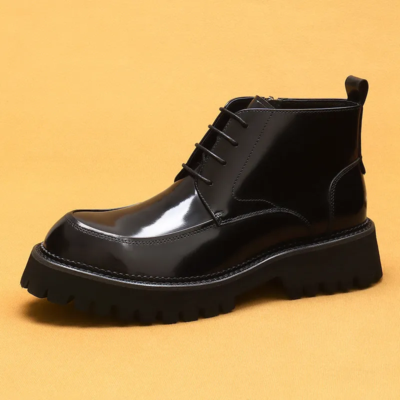 Top Layer Cowhide Men's Leather Shoes Winter Martin Boots Men's Leather Zipper Patent Leather Glossy British Ankle Boots Pointed Toe Platform Men's Boots23680