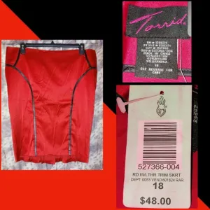 Torrid brand Red w/Black Faux Leather Trim Soft Satin Knit Pencil Skirt Sz 18