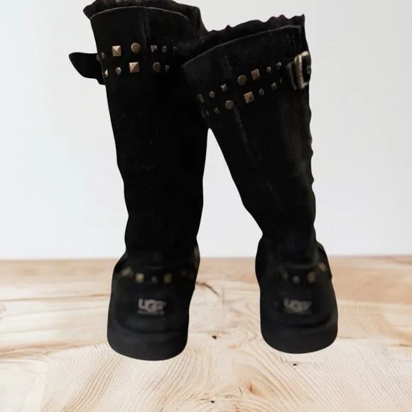 Ugg Black Suede Leather Sherpa Studded Boots Size 5 US 35 Euro Girls or Womens