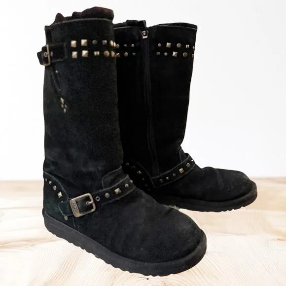 Ugg Black Suede Leather Sherpa Studded Boots Size 5 US 35 Euro Girls or Womens